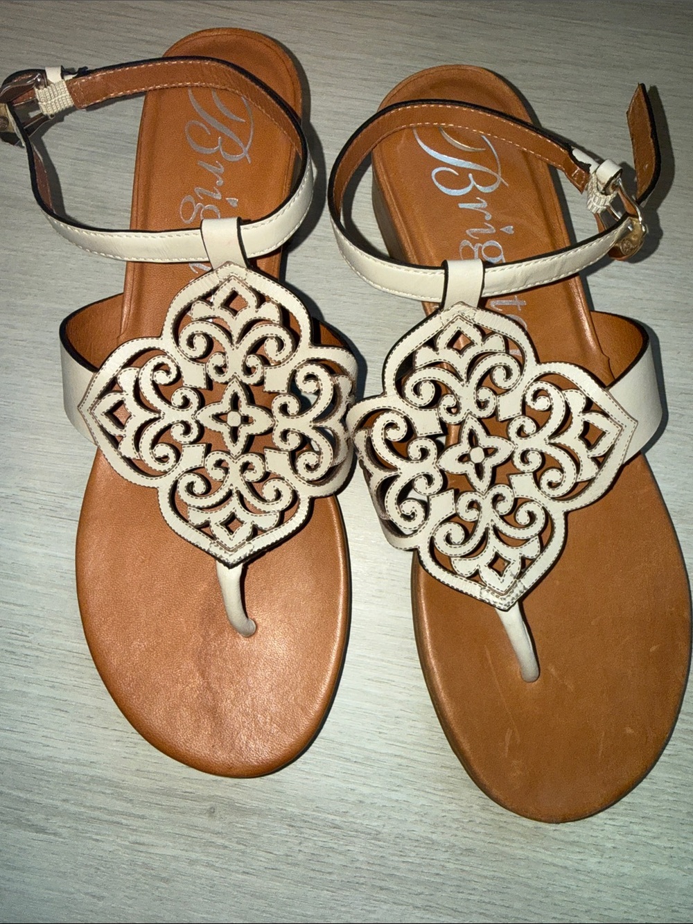 Brighton Ivory Leather Cutout Medallion Lina Sandals